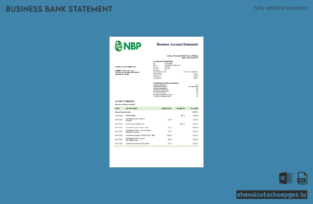 Beispiel eines Kontoauszugs des Geschäftskontos der pakistanischen Nationalbank (NBP) als Word- und PDF-Datei